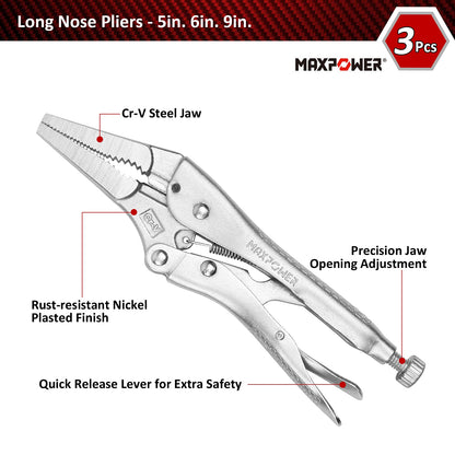 MAXPOWER 15-pc Locking Pliers Set with C-clamps, Long Nose, Pinch Off, Sheet Metal Clamp, U Shaped Pliers and Tool Bag
