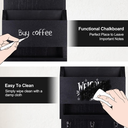 Lucundm Key and Mail Holder for Wall, Key Holder with Chalkboard and Long Storage Box, Key Hanger with 3 Sturdy Hooks for Coat, Dog Leash, Entryway Mail Organizer (Black)
