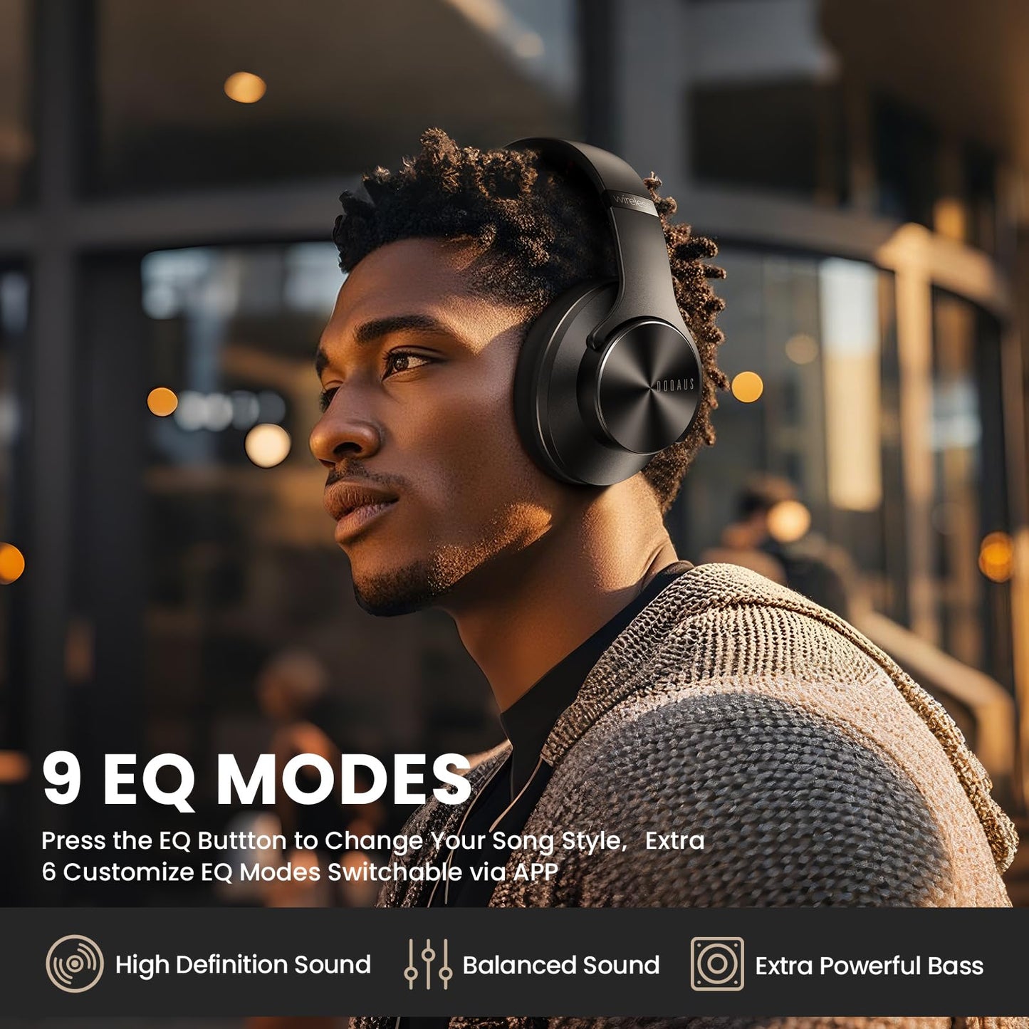 DOQAUS Bluetooth Headphones Over Ear, 90H Playtime Wireless Headphones with App Control, 9 EQ, Deep Bass, HiFi Stereo Sound, Headset for Travel Commute Gym and Study, Foldable Memory Foam