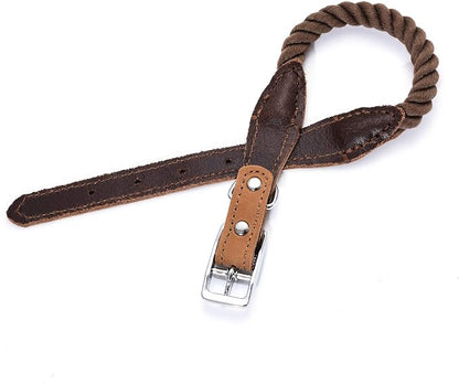 Mile High Life Genuine Leather Dog Collar, Durable Braided Cotton Rope Collar with Metal Pin Buckle for Small Medium Large Dogs (Dark Brown, M Neck 15"-18")
