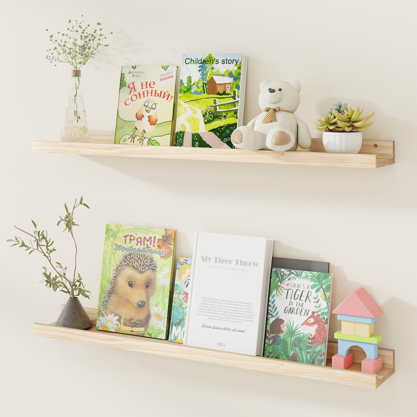 Fun Memories Picture Ledge Shelf, Pine Wood Floating Shelves Set of 2, 36 inch Nursery Book Shelves, Photo Ledge Book Shelves Wall Mounted for Living Room Kids' Room Bedroom - Natural