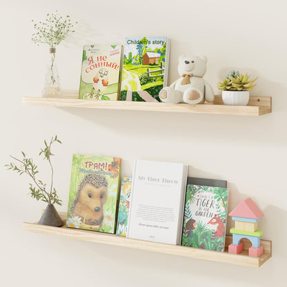 Fun Memories Picture Ledge Shelf, Pine Wood Floating Shelves Set of 2, 36 inch Nursery Book Shelves, Photo Ledge Book Shelves Wall Mounted for Living Room Kids' Room Bedroom - Natural