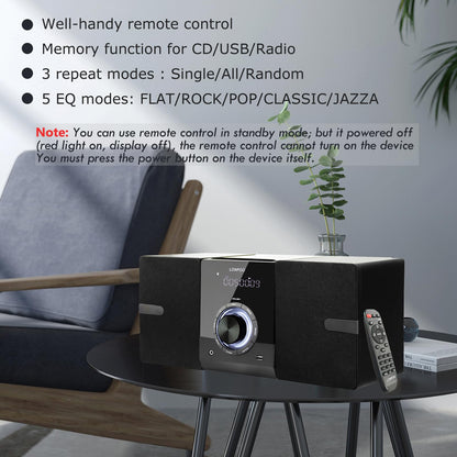 Compact Stereo System Speakers with CD Player, Bluetooth, FM Radio, Aux-in, USB-in, Earphone Jack, DSP-Tech, Remote, 30W Crisp-Sound Shelf Stereo System for Home (LP-886)