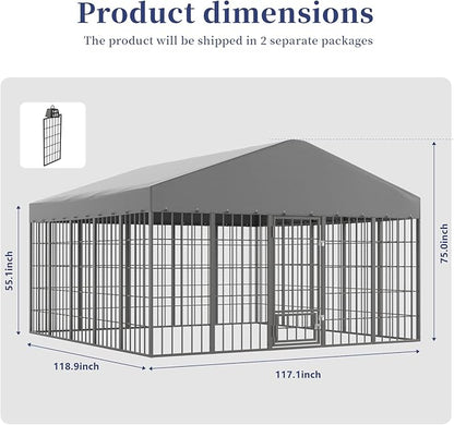 Gotland Dog Kennel Outdoor 10 x10 x6 FT, Dog Cage Outdoor for Medium/Large Dogs with Feeding Door Waterproof Roof Double Secure Locks Ground Spikes, All Weather Heavy Duty Dog Enclosure for Backyard