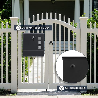 KYODOLED Locking Wall Mount Mailbox for Outside, Key Lock, Black | Heavy-Duty Steel, Large Capacity, Holds Newspapers, Magazines & Envelopes, Weather Resistant, Home & Residential Use