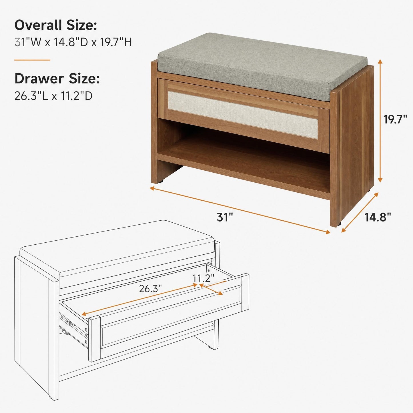 GarveeHome 2 Pack 31" Rattan Entryway Shoe Bench with Storage Drawer & Padded Linen Seat – Farmhouse Wicker Bench Organizer for Hallway, Front Door & Bedroom,Caramel Oak
