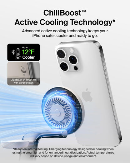 Belkin MagSafe Charger Compatible, 3-in-1 Charging Station, Qi2.2 25W w/Cooling Fan (On/Off Control) Magnetic Wireless Charger for iPhone 17, Apple Watch, AirPods, Pixel 10 (45W Adapter Included)