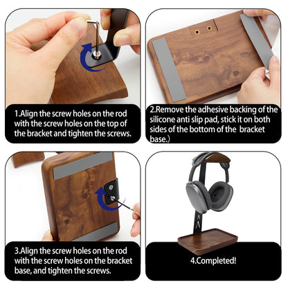 GEVO Walnut Headphone Stand, Wood Headset Stand for Desk, Universal Headphone Holder Gaming Headset Rack with Storage Base Compatible for AirPods Max, Bose, Razer, Sennheiser, Jabra, JBL, AKG