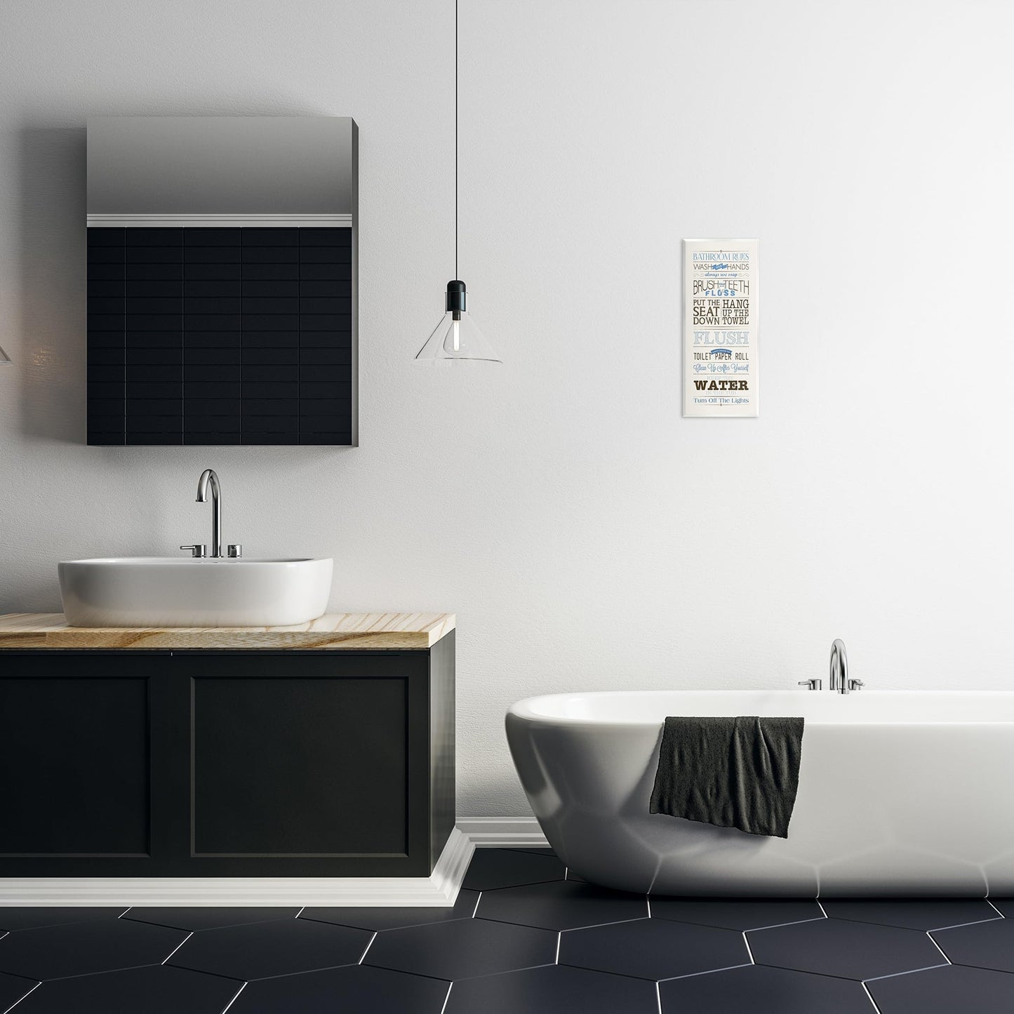 Stupell Industries Rules Blue and Black Print Bathroom, Design by Stephanie Workman Marrott Wall Art, 13x30, Beige