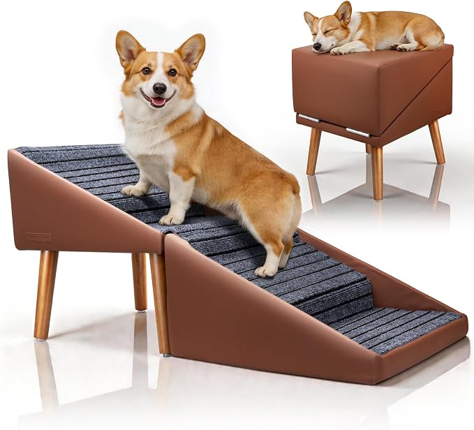 Dog Stairs for Small, Medium, Large Dogs & Cats, 17" H 4‑Step Foldable 2‑in‑1 Wooden Pet Steps with Split Ottoman Design, Non‑Slip Dog Ramp for Couch Bed Sofa for Puppy Senior Injured Pets