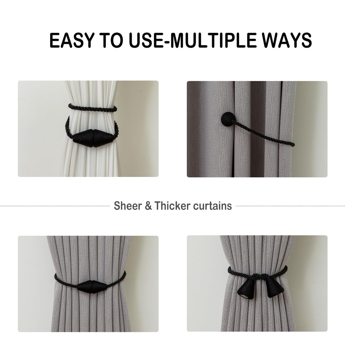 Contoeey Magnetic Curtain Tiebacks 8 Pack Outdoor Rope Curtain Tie Backs Decorative Window Treatment Holdbacks for Home Decorative Curtain, Black