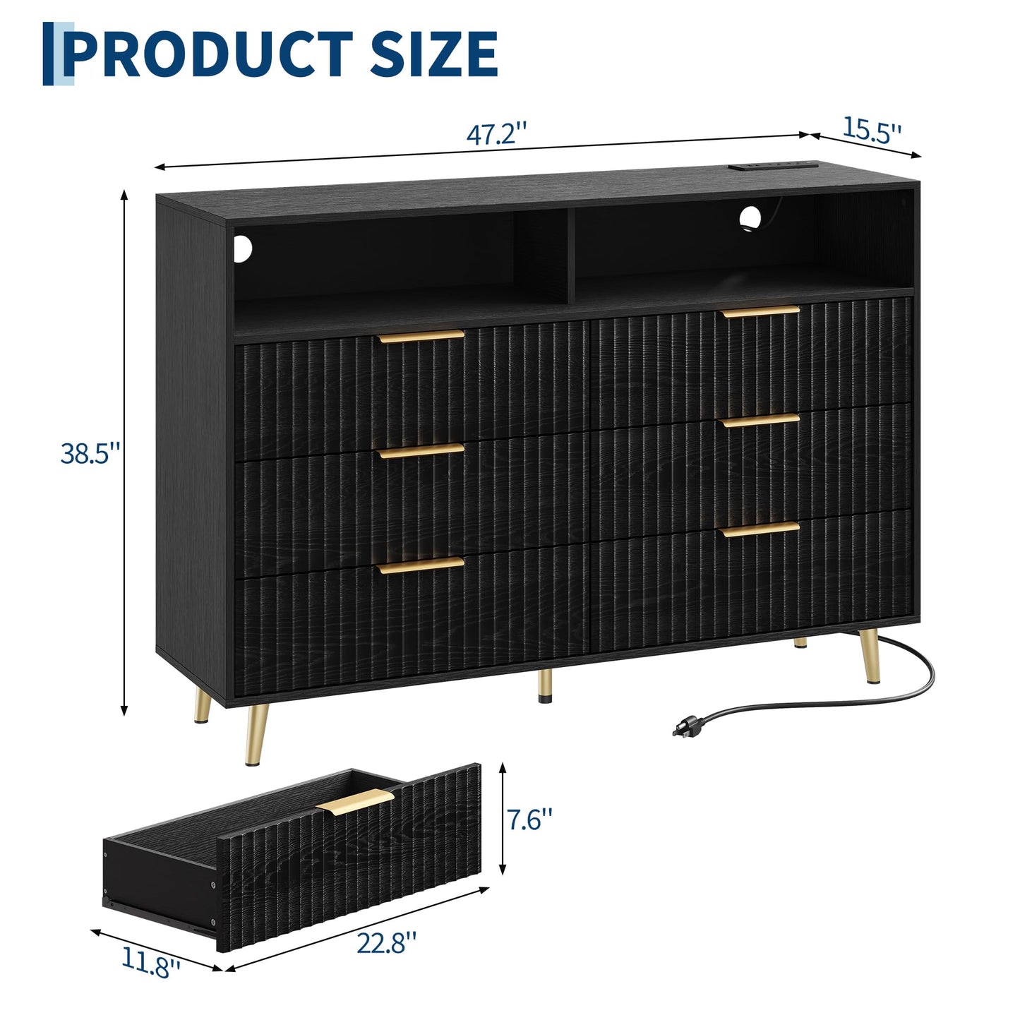 IDEALHOUSE 6 Drawer Fluted Dresser for Bedroom, 47.2" Wide Modern Chest of Drawers with Metal Handles, Wooden TV Stand, Storage Organizer for Closet, Living Room, Hallway, Black