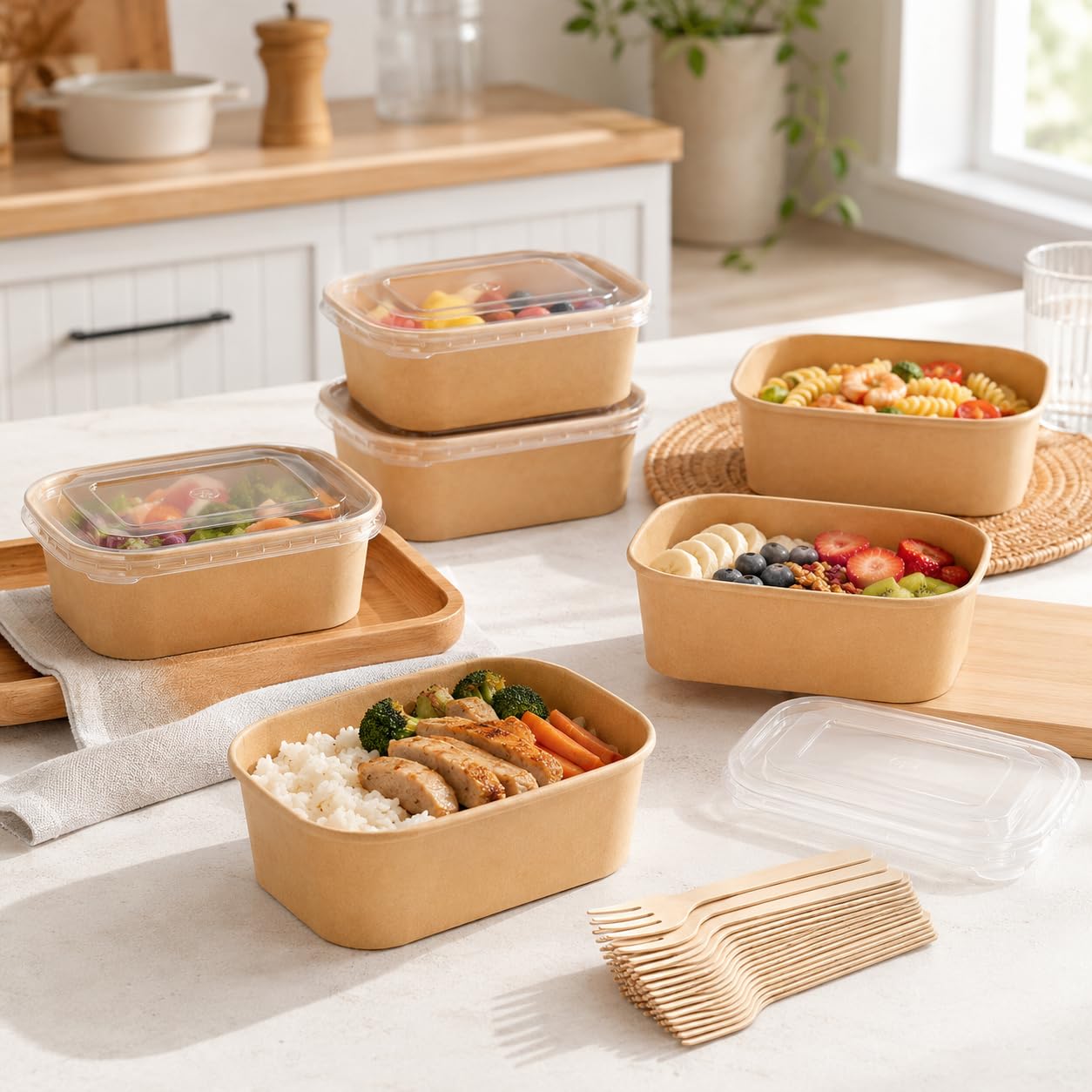 50 Pack 33 oz Disposable Kraft Paper Bowls with PP Lids and Wooden Forks
