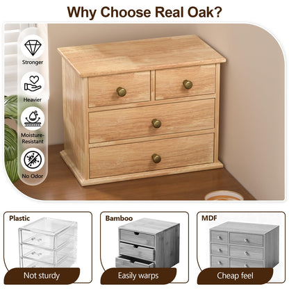 Oak Desk Organizer with Drawers, Wooden Desktop Storage Box with Metal Handles & Non-Slip Silicone Pads, 4 Drawer Tabletop Organizer for Office, Bedroom, Bathroom, Vanity, Makeup – Light Burnt Brown