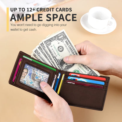 RUNBOX Wallet for Men Slim 11 Credit Card Holder Slots Leather RFID Blocking Small Thin Men's Wallet Bifold Minimalist Front Pocket Large Capacity Gift Box