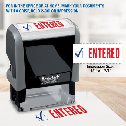 Trodat Printy 4912 2-Color Message Stamp - Self-Inking, Red and Blue Ink, Impression Size 3/4" x 1-7/8" (Entered)