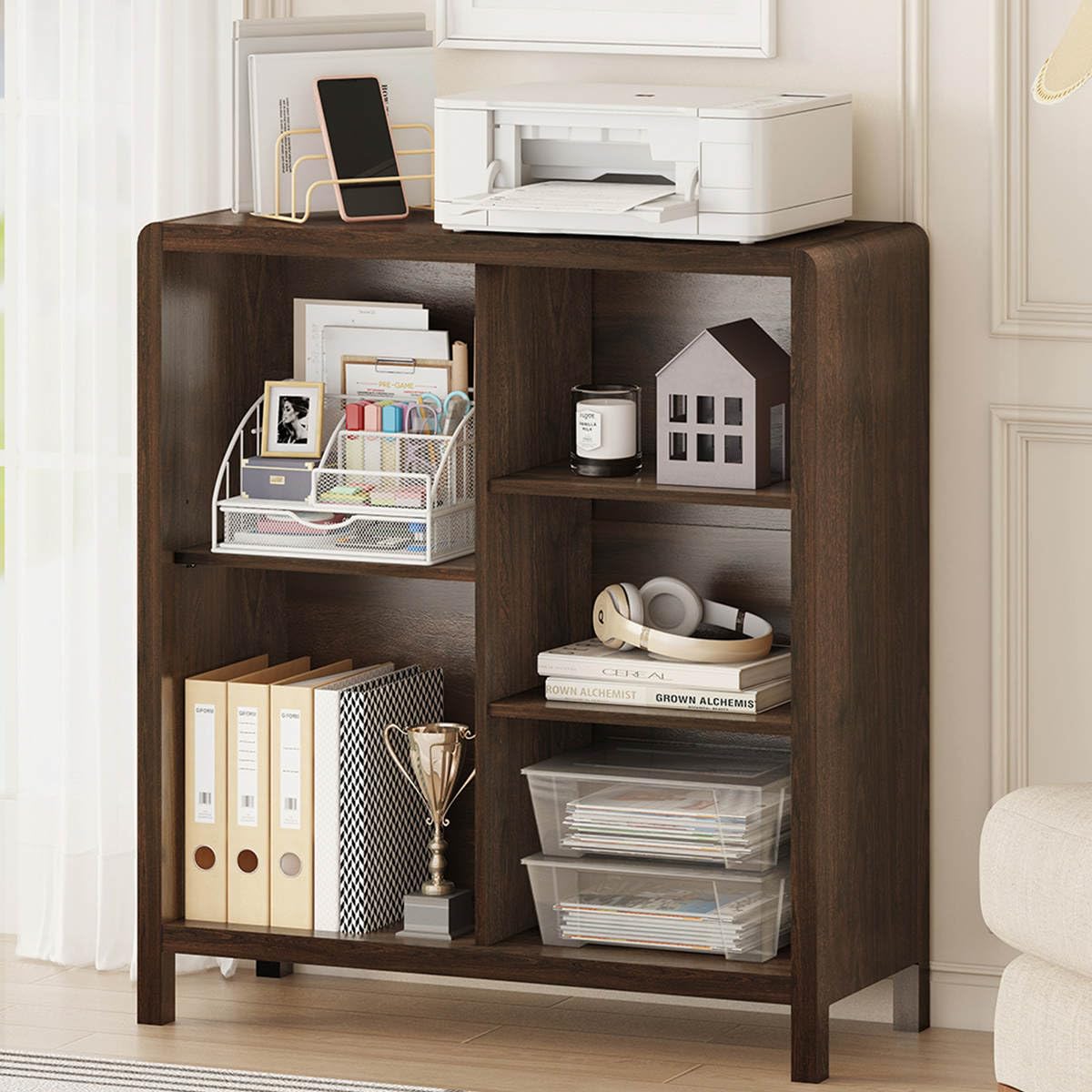 FATORRI 5 Cube Bookshelf, Wood Bookcase with 3 Adjustable Shelves, Farmhouse Cube Storage Organizer Shelf for Small Space Bedroom Living Room (Dark Walnut)
