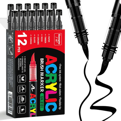 Surcotto 12 PCS Black Acrylic Paint Markers,Soft Brush Tip Acrylic Paint Markers,Quick-Drying Waterproof Acrylic Markers for Canvas,Rock Painting,Wood, Stone,Glass,Ceramic,Fabric Painting