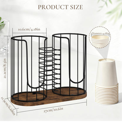 BCOZLUX Coffee Cup Holder 18oz 3-Compartment Paper Cup Dispenser Rack with Wood Base - Disposable Cup, Straw & Lid Organizer 3-in-1 Storage for Countertop, Coffee Bar, Kitchen, Office