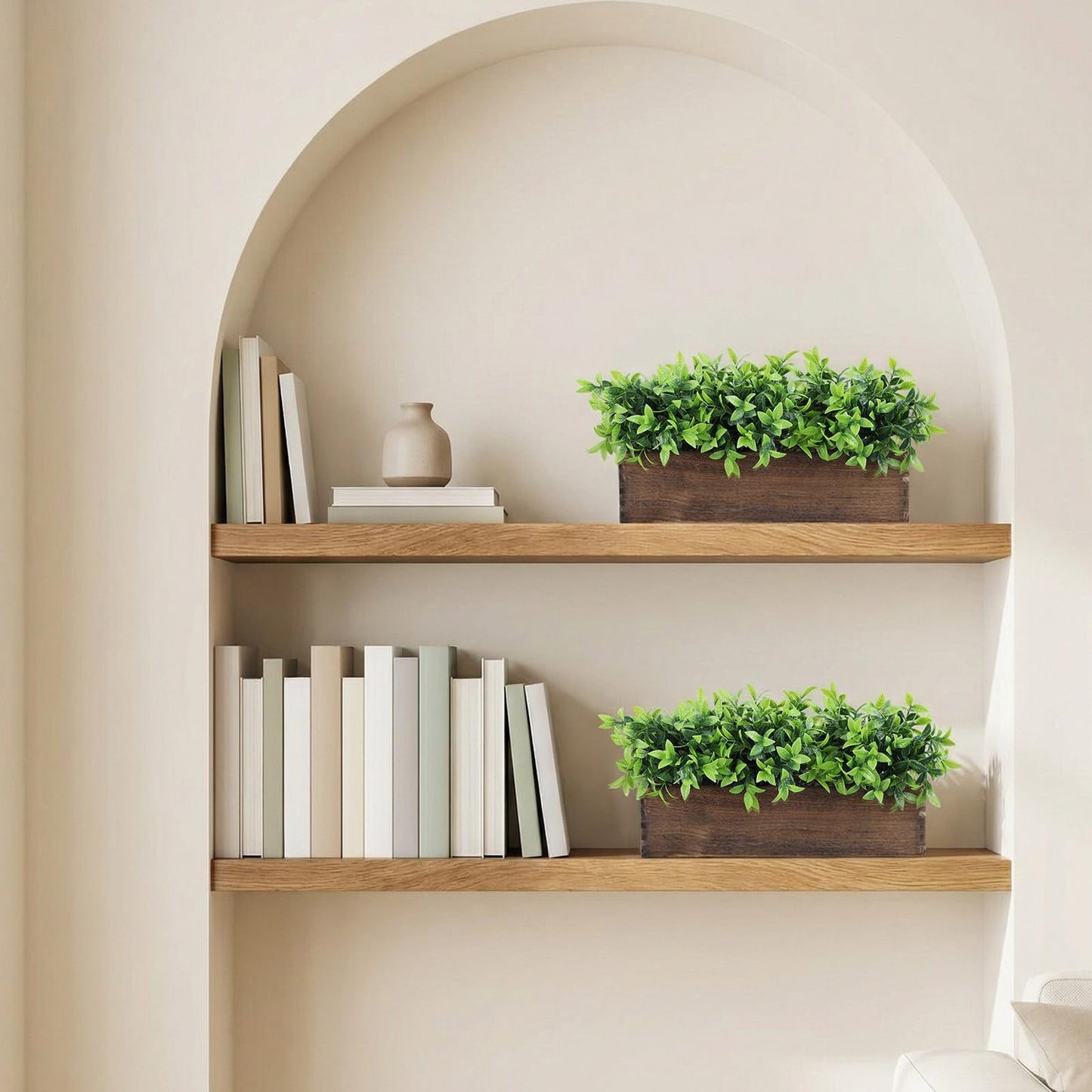 Lyrow 4 Pack Artificial Eucalyptus Plants in Rectangular Rustic Wooden Planter Box Faux Potted Herb Plant Greenery Centerpiece for Cabinet Windowsill Table Shelf Wedding Farmhouse Decor (Brown,16 '')