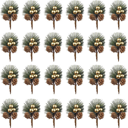 TIHOOD 25PCS Artificial Pine Picks, Pine Needles Branches with Gold Berry Stems, Small Fake Berries Pinecones Branches for Crafts Christmas Tree DIY Garland Holiday Wreath(Gold)
