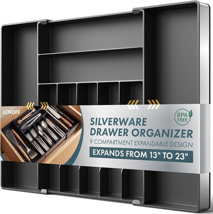Extra Large Silverware Organizer, 9 Slot Expandable Kitchen Drawer Organizer, Utensil Holder, Heavy Duty Stainless Steel Frame Silverware Drawer Organizer, 8 Non-Slip Feet Included, BPA Free, Black