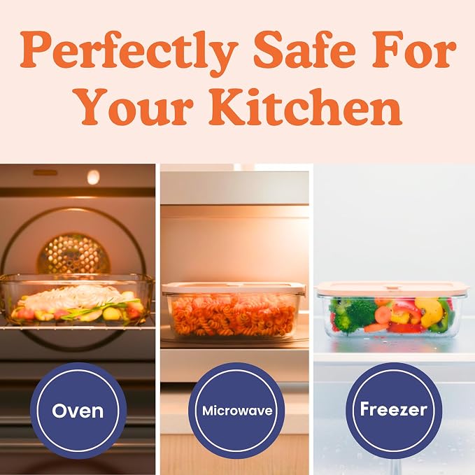 Ziruma Non-Toxic Glass Food Containers with Lids, 4-Pack, Multi-Size, Beige | Plastic & BPA free. Glass body, glass lid & platinum silicone seal. Airtight & leakproof. Freezer & microwave safe.