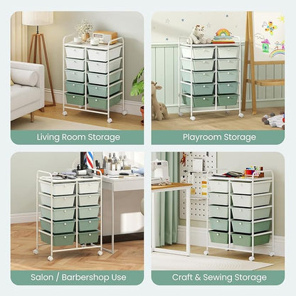 Giantex 10 Drawers Rolling Cart, Classroom Organizers, Storage Cart with Wheels, for Teacher Office Home School Supplies Tool Craft Art Paper, Green Gradient