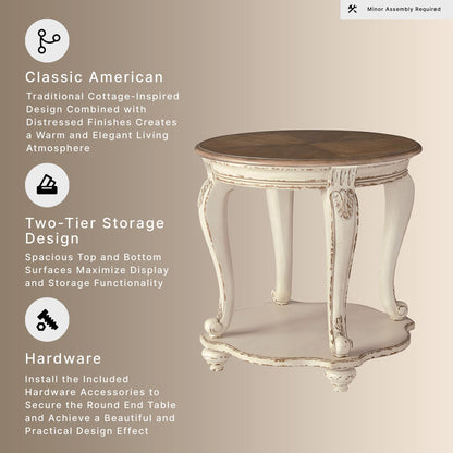 Signature Design by Ashley Realyn Round End Table, Cottage-Style Side Table with Antiqued Two-Tone Finish, Wood & Veneer Construction for Living Room or Bedroom, White/Brown