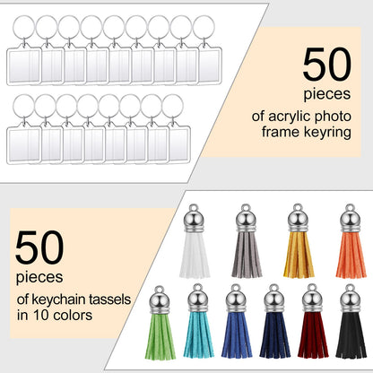 Yaomiao 50 Set Acrylic Photo Keychain with Tassel Clear Blank Custom Keychain Frame Holder Insert Picture Keyring Making Kit (Square)