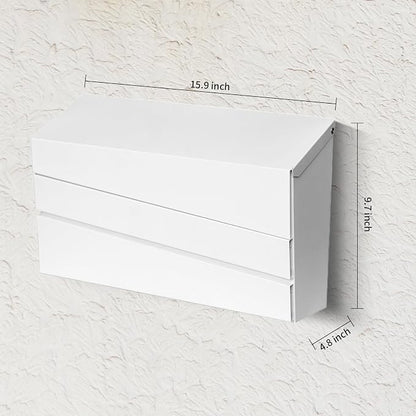 Wall-Mounted Mailbox, White Modern Large Capacity Drop Mailboxes for Outside, Rust-Proof Galvanized Steel Post Box (No Keys Locking)