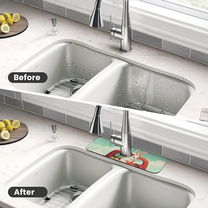 Kitchen Sink Splash Guard Faucet Mat Easter Bunny Rabbits 15"x5.5", Diatom Mat