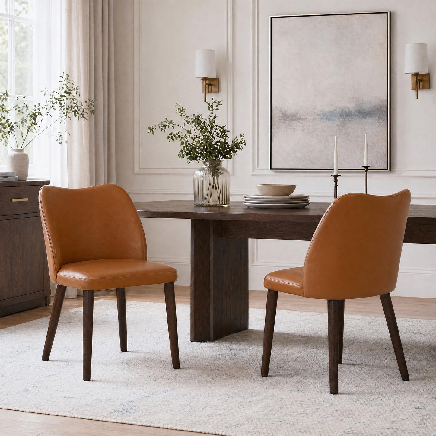 COLAMY Upholstered Dining Chairs Set of 2, PU Leather Dining Room Kitchen Side Chair with Padded Seat and Wood Legs Restaurant/Cafe,Light Brown