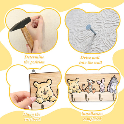 ZsaTuiy Winnie Nursery Bathroom Bedroom Wall Decor, Wooden Hanger Rail with 4 Pegs,The Pooh Tigger Eeyore Wall Hooks, Winnie Nursery Hook Cute Towel Hanger, The Pooh Home Decoration for Kids Room