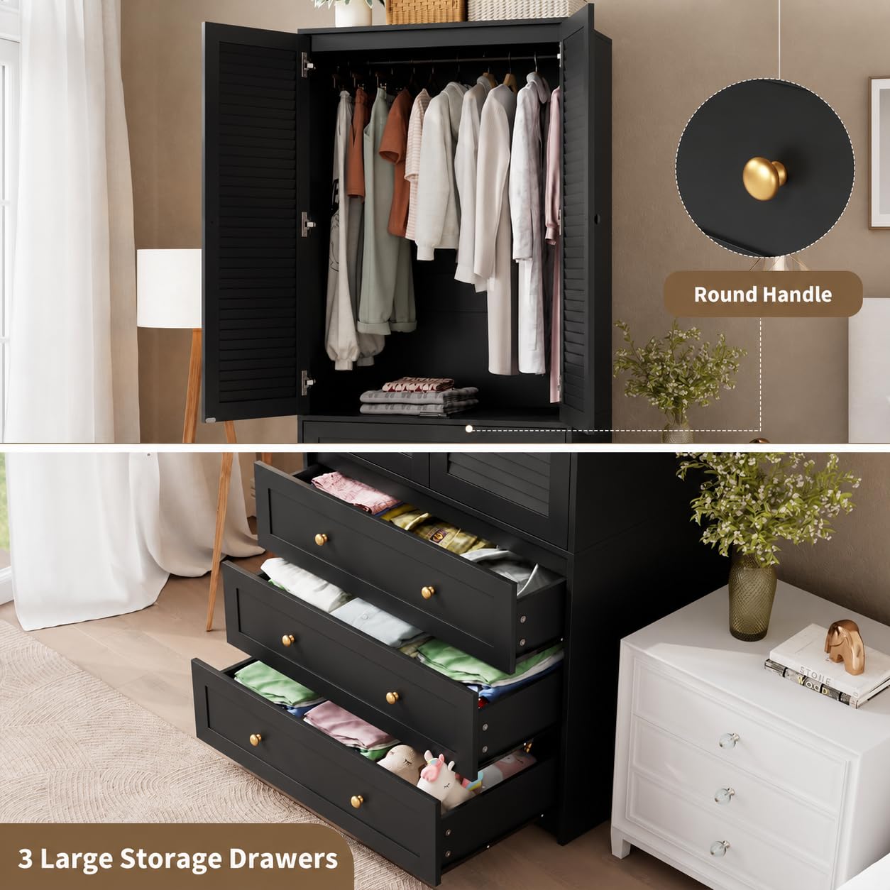 Garvee 70" Wardrobe Armoire Wooden Closet with 2 Doors and 3 Drawers, Bedroom Armoire with Hanging Rod Shelf, Large Capacity Storage Wardrobe Armoire, Freestanding Wooden Closet Storage Cabinet
