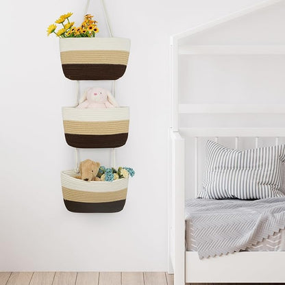 TeoKJ Over the Door Hanging Baskets, 3-Tier Woven Cotton Storage Organizer Bag