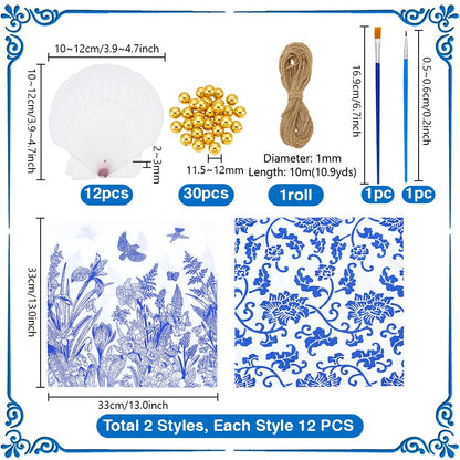 PH PandaHall 12 Set Scallop Shells Decoupage Kit, White Natural Large Shells with 24pcs Decoupage Paper 10m Cord 2pcs Paint Brush 30pcs Gold Bead Seashell Painting Kit for DIY Crafts Tray Decor Making
