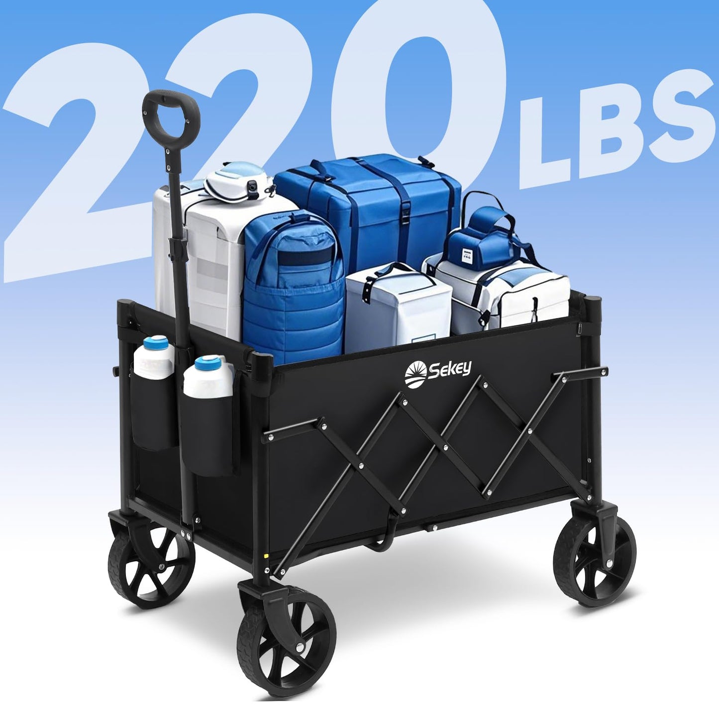 Sekey Heavy Duty Wagon with Big Wheels, Foldable Cart with 220LBS Capacity, Utility Lightweight Wagon, Collapsible Grocery Shopping Cart for Camping Sports & Holiday. Black