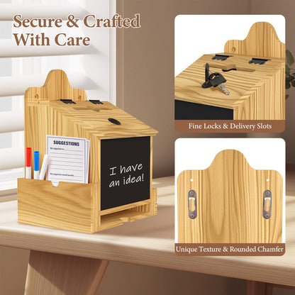 Wooden Suggestion Box with Acrylic Sign Holder, Locking Donation Box for Prayer, Comment , Ballot & Fundraising, Office Feedback Box With 50 Suggestion Cards and Pens, Wall Mounted or Countertop