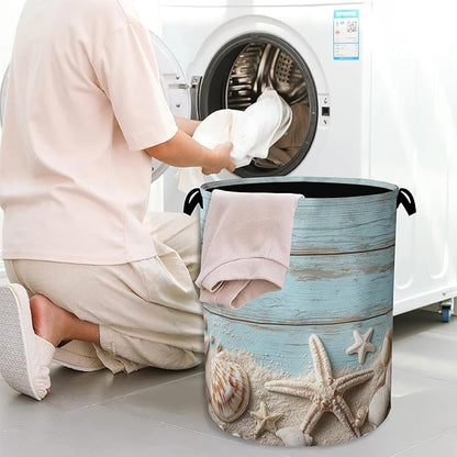 Starfish Seashell Laundry Basket, Vintage Wooden Oxford Cloth Laundry Hamper