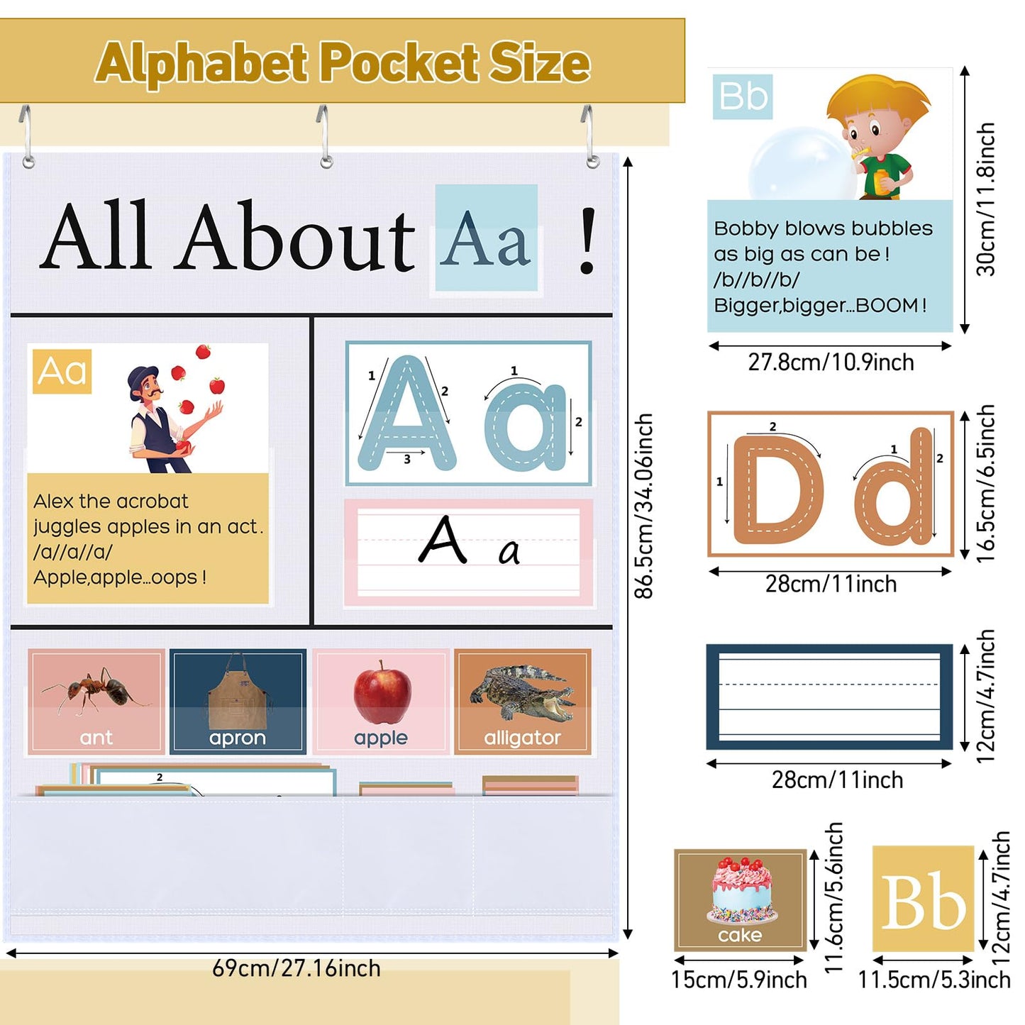 Blosssound 34 x 27 All About Letter Pocket Chart 103 ABC Flash Cards Letter of The Day Week Chart Alphabet Tracing Educational Wall Poster Teachers Homeschool Learning Activities(White)