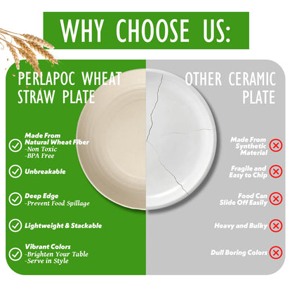 Perlapoc Wheat Straw Dinner Plates 6-Piece Set, 10 Inch Unbreakable Deep Plates, BPA-Free Reusable Plastic Plates, Microwave and Dishwasher Safe for Family, Kitchen, Beige