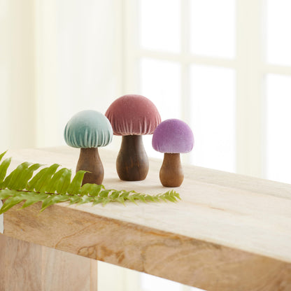 Your Heart's Content Velvet Mushrooms Set of 3, Shelf sitters, Mantel Decor, Everyday tablescape, Gift for Nature Lover (Pastel)