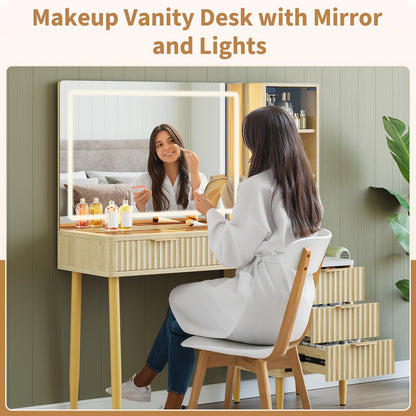 MilleLoom Makeup Vanity Desk with Lights, Fluted Wooden Dressing Table with 5 Drawers and Adjustable Shelves, Makeup Vanity Table Modern Glass Top with Charging Station for Bedroom (Oak)