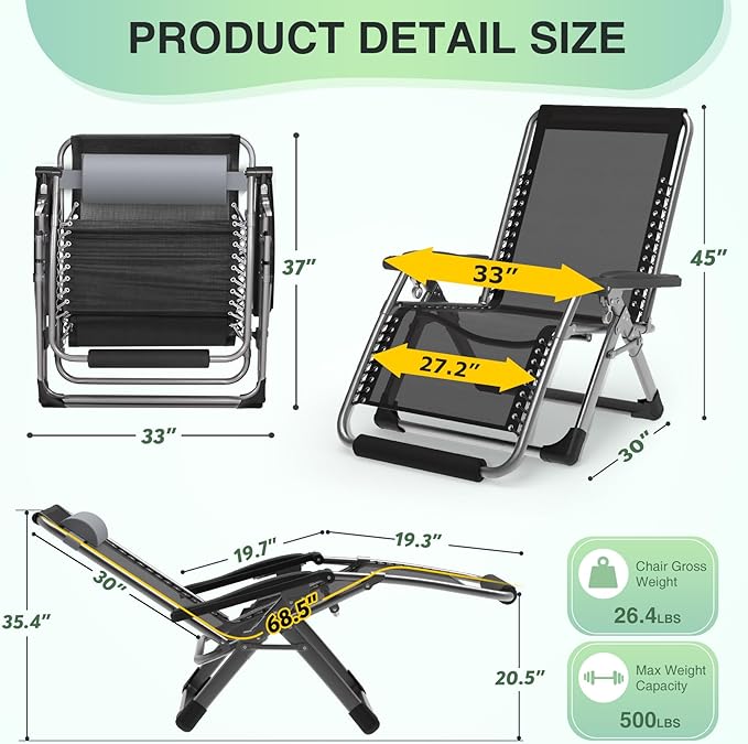 Suteck Oversized Zero Gravity Chair,33In XXL Lounge Chair w/Removable Cushion&Headrest, Reclining Camping Chair w/Upgraded Lock and Footrest, Reclining Patio Chairs Recliner for Indoor Outdoor,500LBS