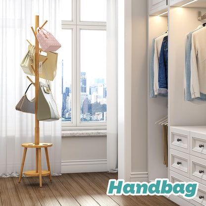Coat Rack, Bamboo Wood Coat Freestanding with Umbrella Holder, Adjustable Height Coat Stand with 8 Hooks, kids coat rack, Used In The Bedroom Living Room, Office To Hang Clothes, Hats, Bags (Natural)