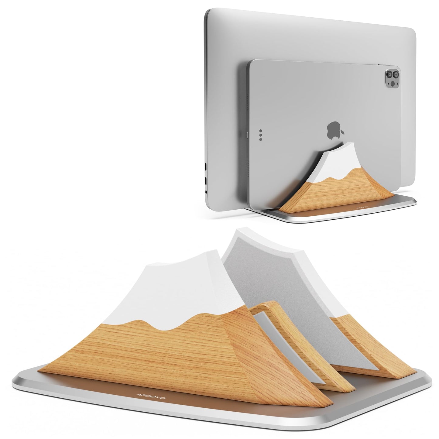 AFOOYO Vertical Dual Laptop Stand - Snow Peak-Shaped Wooden Adjustable Laptop Holder,2 Slots Desktop Dock Compatible with All MacBook, Surface,Chromebook,Dell & More(Beechwood)