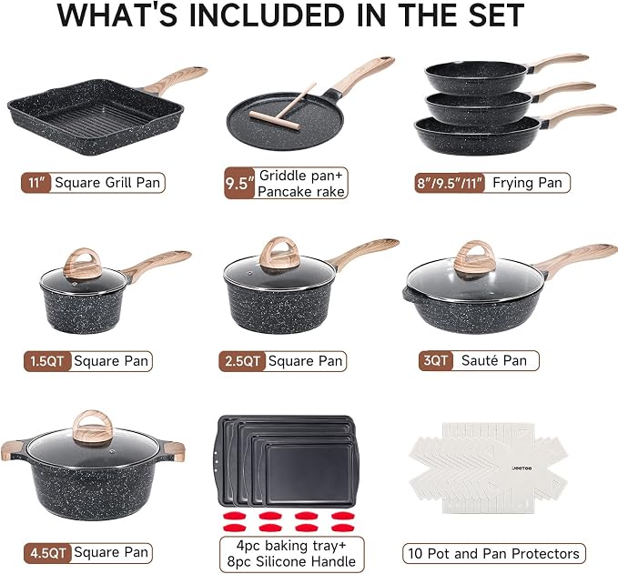 JEETEE 36Pcs Pots and Pans Set Non Stick, Cookware Set Non toxic Kitchen Healthy Induction Cooking Set W/Griddle, Sauté Pan, Baking Trays & Pancake Rake (PFOA, PFAS Free)