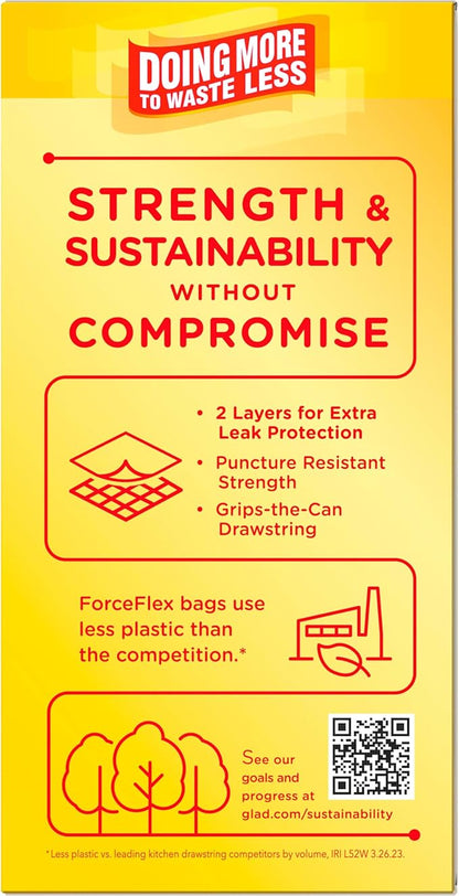 Glad ForceFlex Trash Bags 13 Gallon Gain Lemon Zest | Tall Kitchen | Drawstring