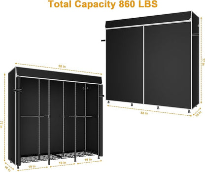 ULIFHOME E14C Heavy Duty Closet Organizer System，Freestanding Clothing Racks for Hanging Clothes，Adjustable Garment Rack 58" W × 16" D × 77" H Hold 860 lbs，Black Rack with Black Dustproof Cover